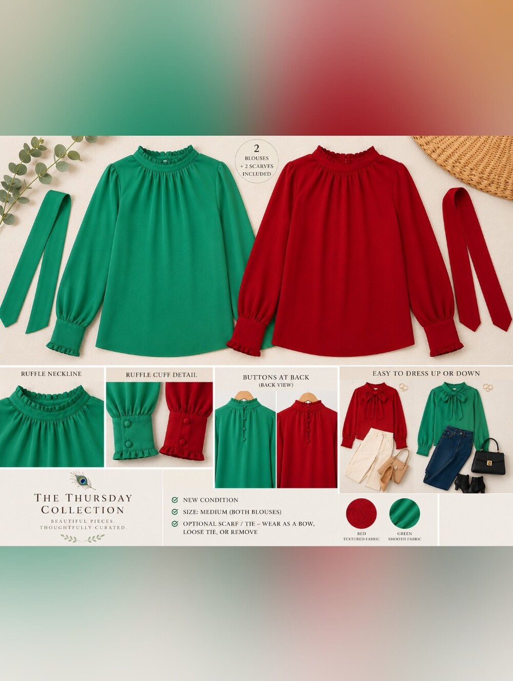 🌿 NEW! Women's Ruffle Neck Blouse Bundle – Red Textured & Emerald Green | M